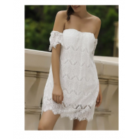 Sexy Off-The-Shoulder Short Sleeve Solid Color Lace Dress For Women - White